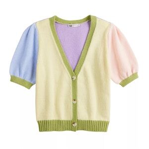 SO Pastel Colorblock Short Sleeve Cardigan | Button Front V-Neck Knit | Size M
